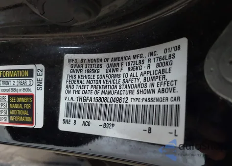 2008 Honda Civic Ex из США, поврежденный, VIN 1HGFA15808L049612